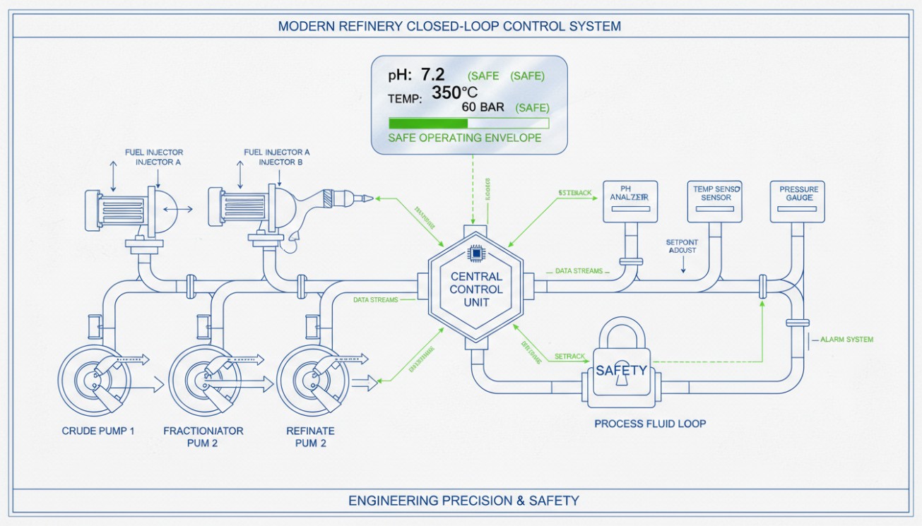 Modern refinery closed-loop control architecture integrating pH, temperature, pressure, process equipment and safety limits